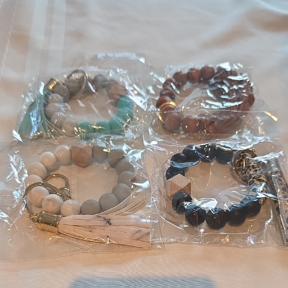 Beaded Key Ring Bracelets Set Of 4, New, Gold Hardware Tassels